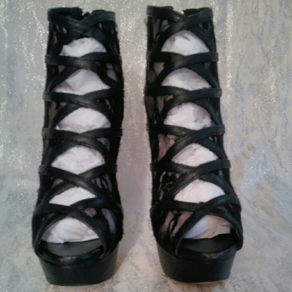 PAPER FOX 6.5 BLACK SHEER LACE & SOLID ANKLE BOOTIE PLATFORM HEELS holiday party - Picture 7 of 13